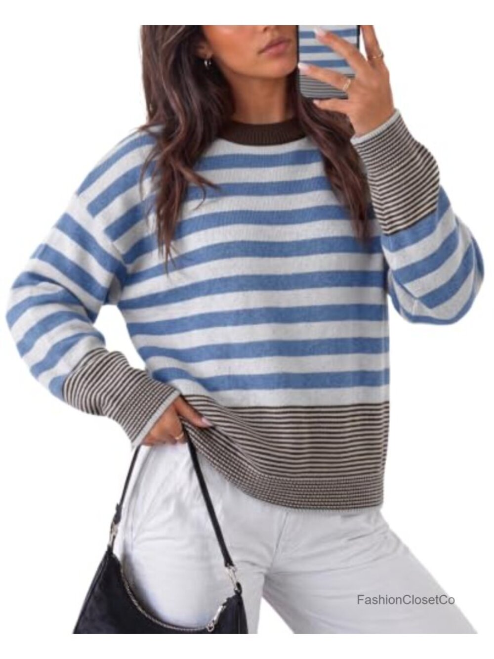 Striped Loose Fit Knit Pullover Sweater Long Sleeve Crew Neck Fall Casual